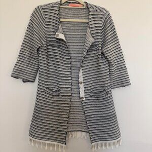 Vilagallo Wool Blend Striped Tassel Hem Cardigan Boho Chic Ivory Navy - Small